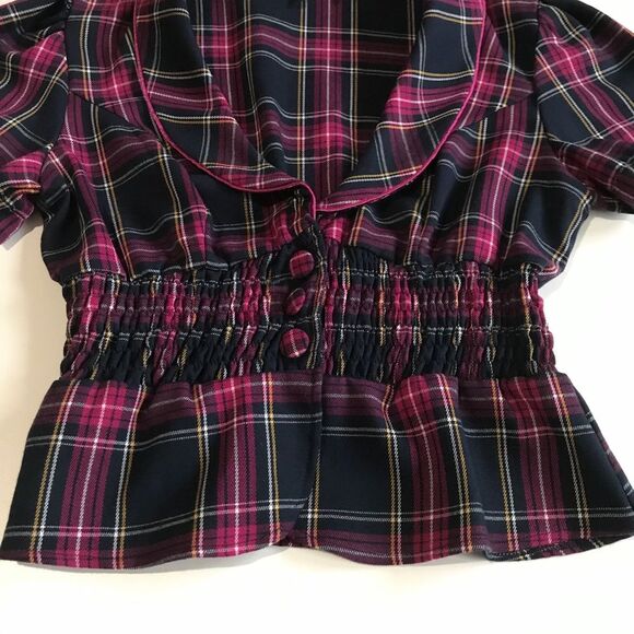 Wet Seal Plaid Three Button Smocked Waist Peplum Preppy Academia Top Sz XL - Picture 6 of 14